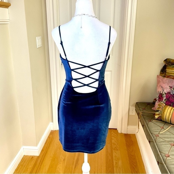 NBD Velvet Dress with Cross Tie Low Back in Blue Slip Bodycon Mini Style (XS) - Picture 1 of 7